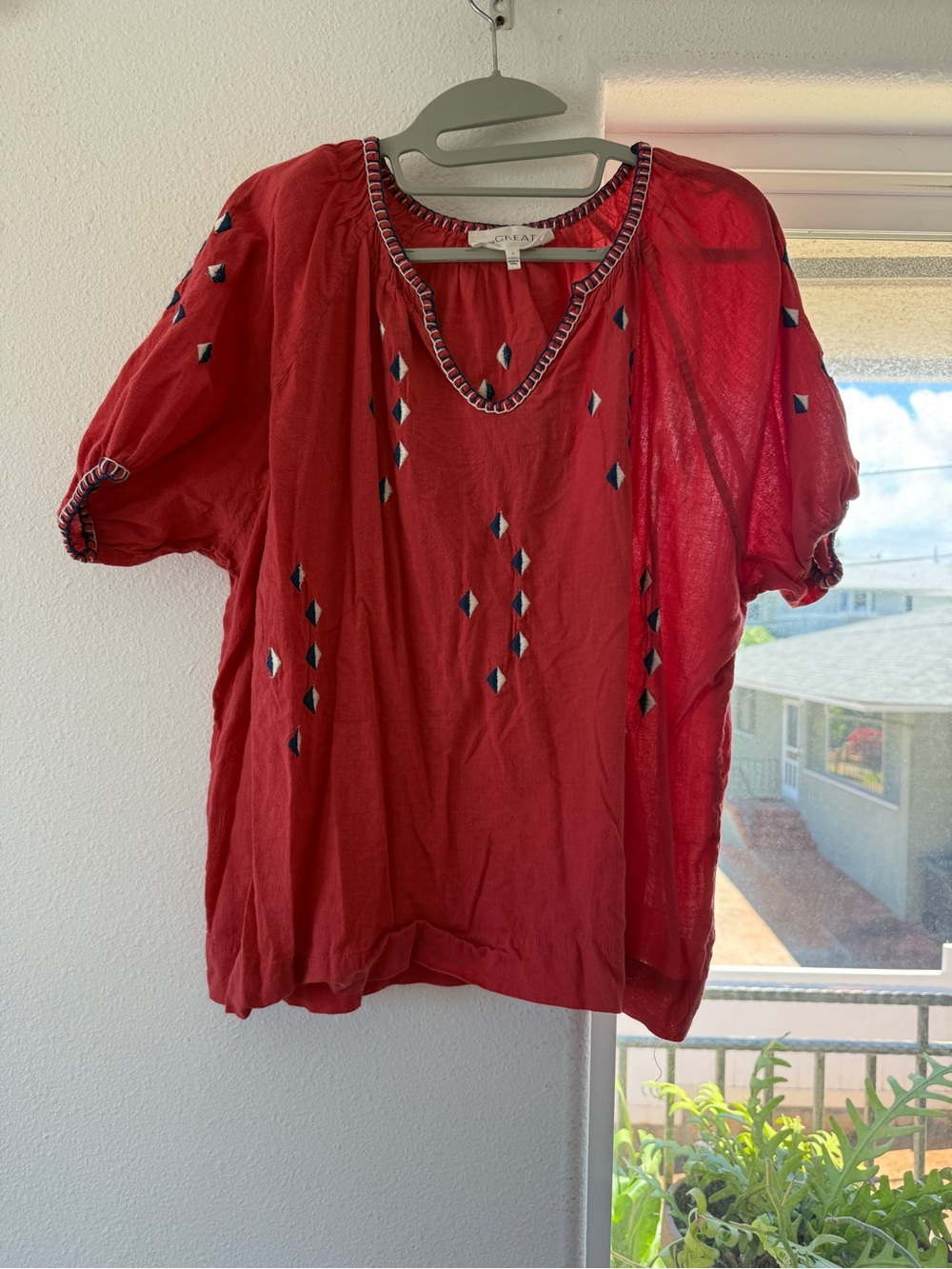 THE GREAT. Red Short-Sleeve Embroidered V-Neck Blouse